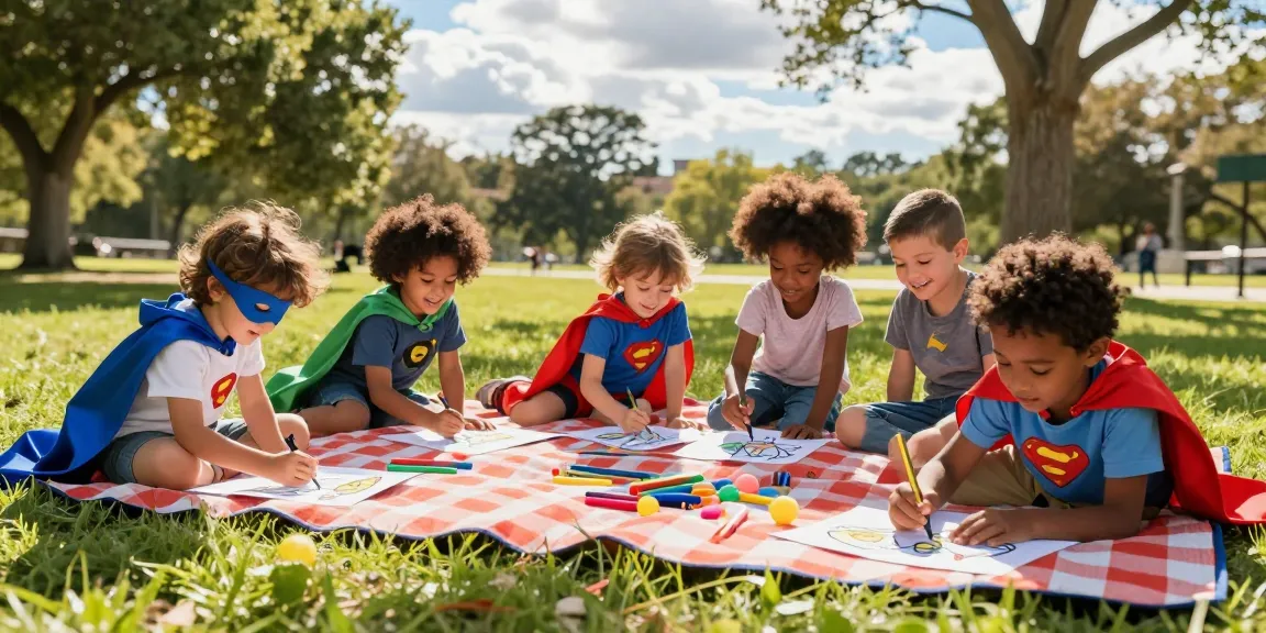 Children engaging in superhero coloring pages with capes and creativity in a sunny park.