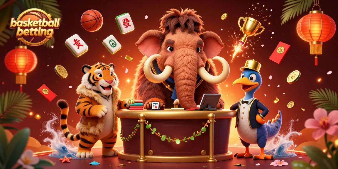 Engage in basketball betting excitement with unique cartoon creatures at a vibrant casino scene.