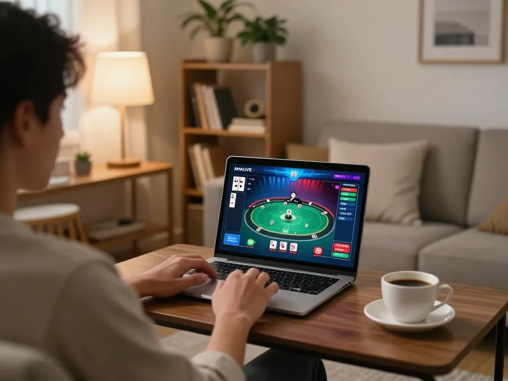 MMLIVE user strategizing with a poker game on laptop in a cozy home setup.