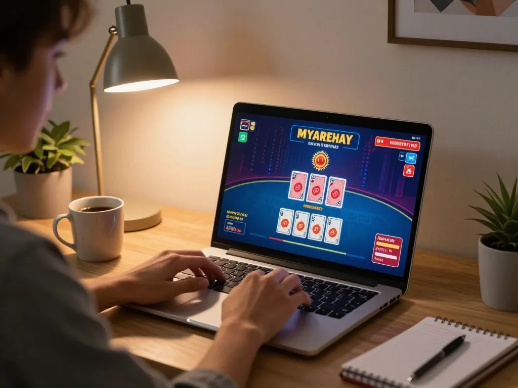 uu88 player engaging in online casino games with a laptop in a cozy home setup