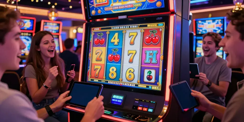 Pengalaman bermain slot777 dengan mesin slot berwarna-warni dan pemain yang bersemangat.