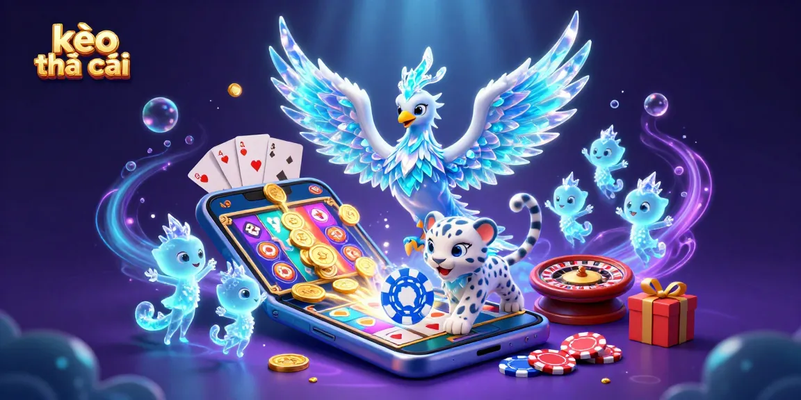 Engage with the kèo nhà cái visualization featuring a dynamic scene of an ice phoenix, snow leopard, and glowing sprites amidst a colorful gambling landscape.