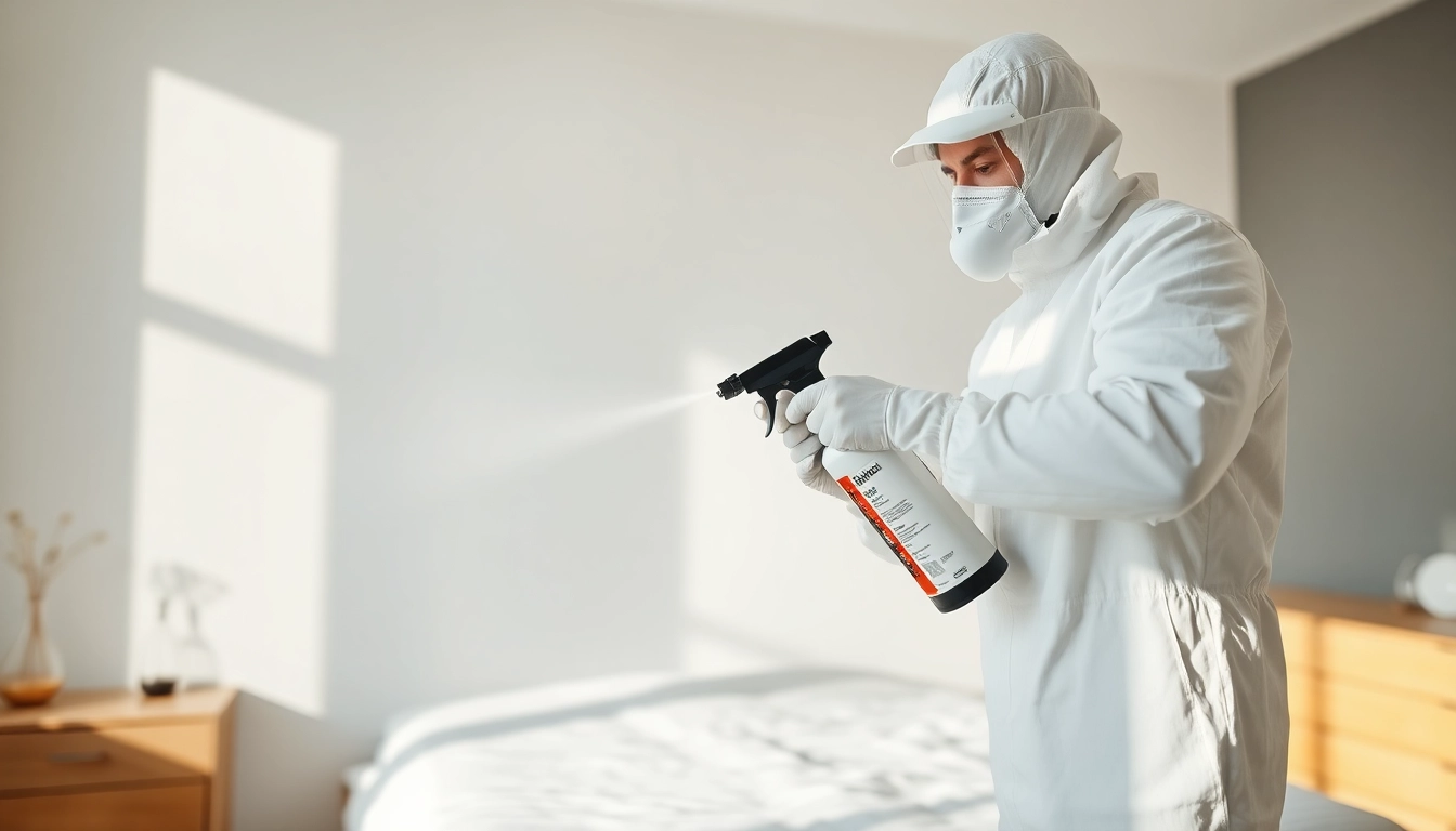 Applying bed bug chemical treatment by a pest control technician in a bedroom setting.