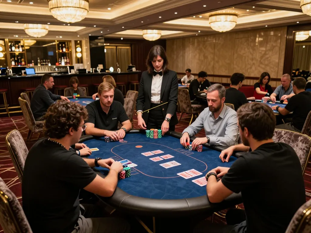 x88 poker players strategizing with colorful chips in upscale casino atmosphere