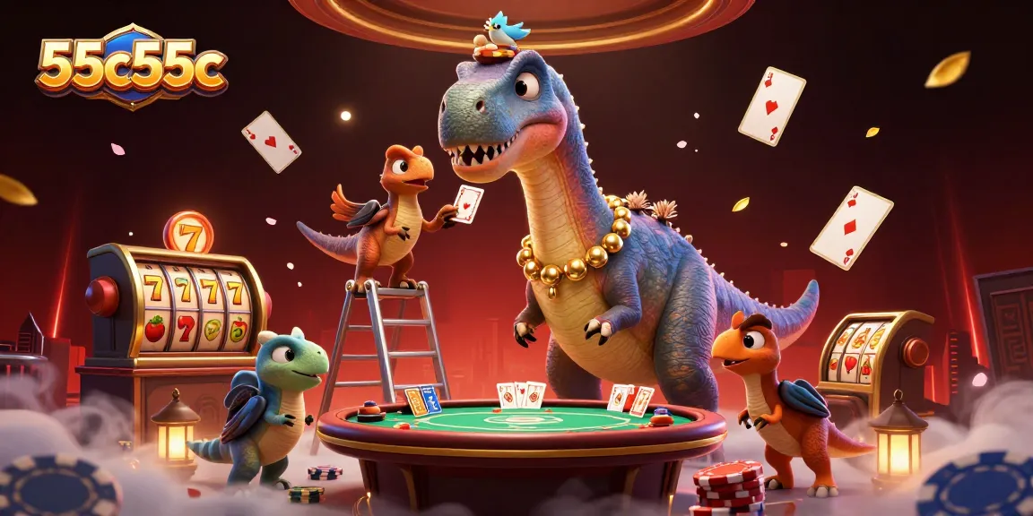 Experience thrilling action at 55c55c with dinosaurs in a lively casino setting.