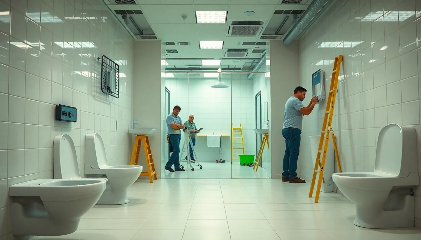 Examining high-quality fixtures during a commercial toilet refurbishment.