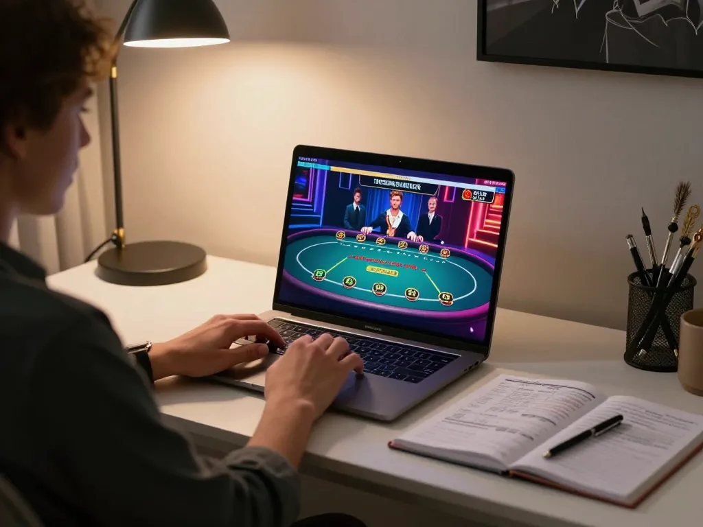 Engaged user playing at Nhà cái OXBET online casino with live poker game on screen and notes on strategy.