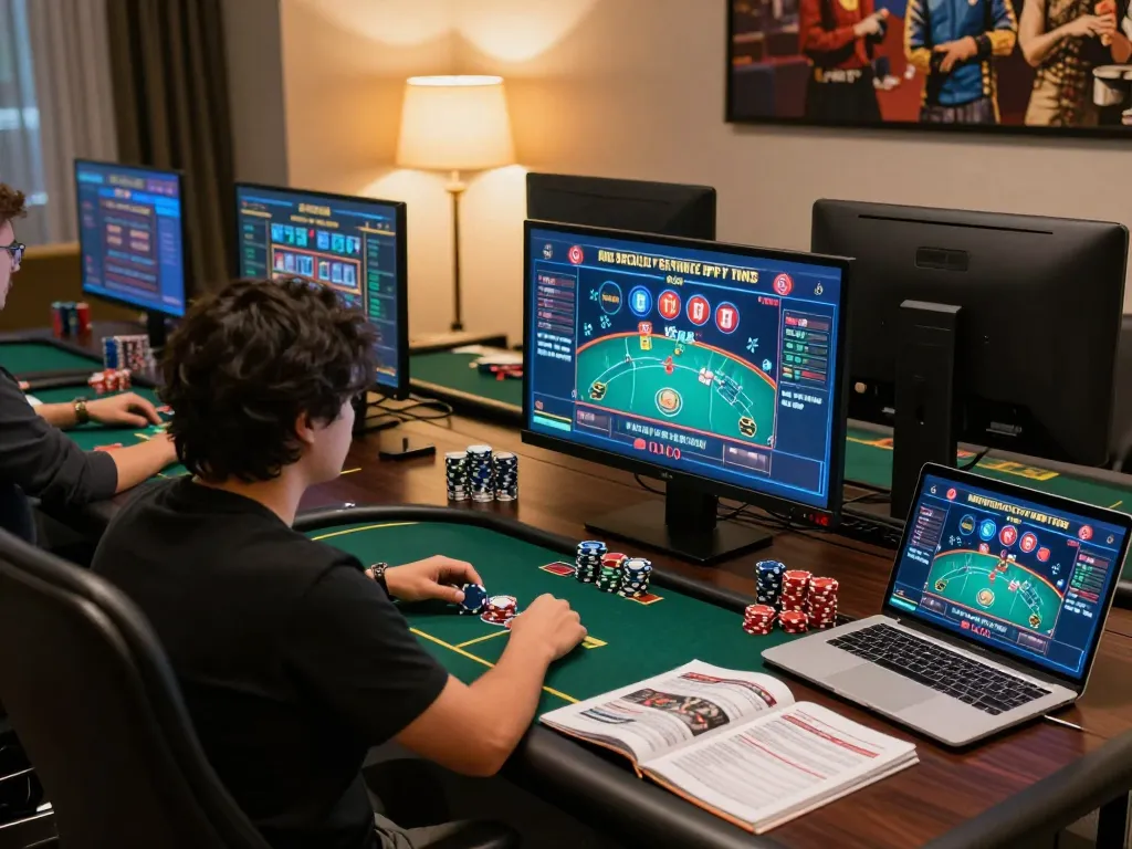 Engaged player using LLwin to strategize online casino gaming with multiple screens and chips