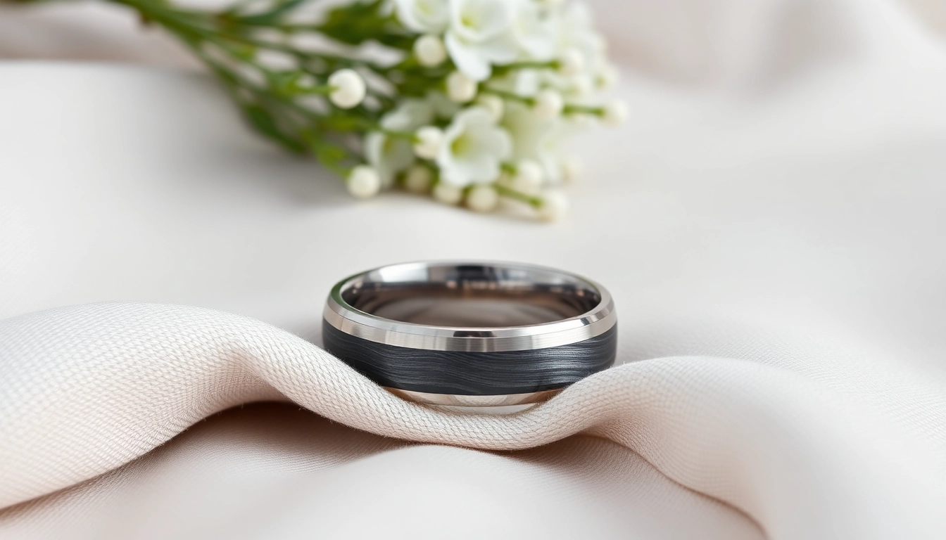 Examine exquisite tungsten wedding bands with intricate designs set against a soft fabric backdrop.
