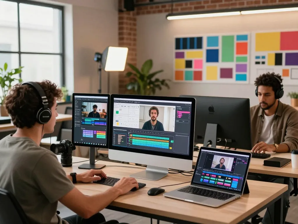 Creative team using seedance 2.0 for AI video production in a vibrant studio.