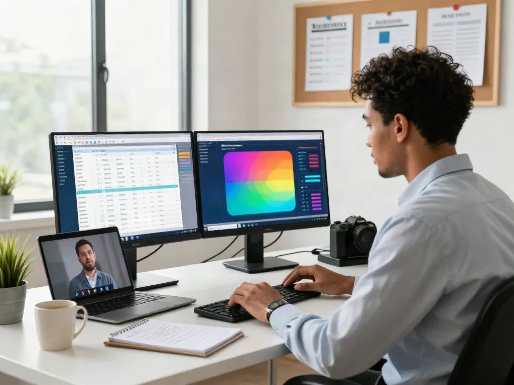Professional tax preparation office with diverse preparer using software for starting a tax preparation business, bright and inviting space.
