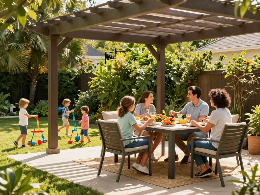 Custom pergola configurator showcasing a family enjoying their outdoor space with lush greenery and stylish dining.