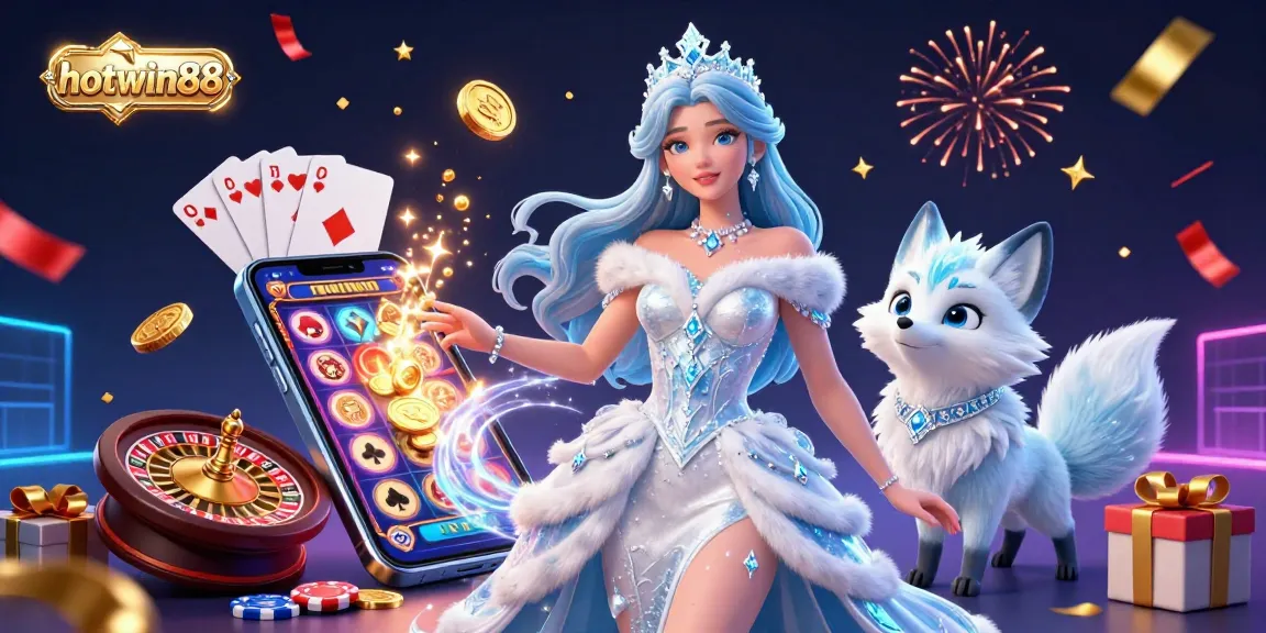 Engage with hotwin88's vibrant casino experience featuring a stunning ice queen in an enchanting scene.