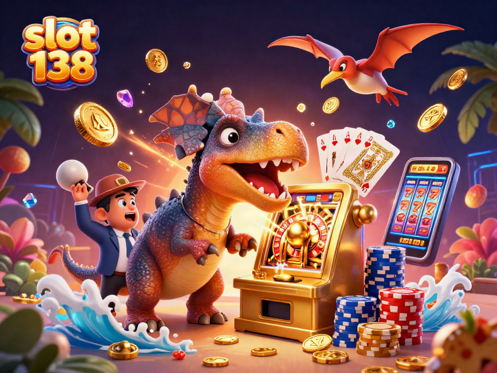 Experience the thrill of slot 138 with a dashboard full of vibrant casino elements and animated characters.