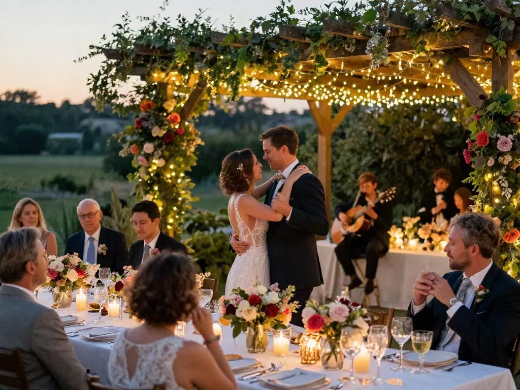Celebrate unforgettable moments with stunning event rentals at a beautifully lit outdoor wedding.