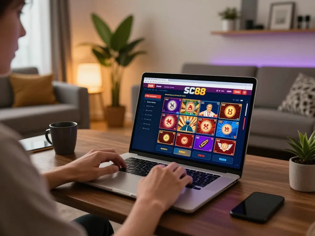 Player engaging with SC88 online casino gaming on laptop in a cozy home setup