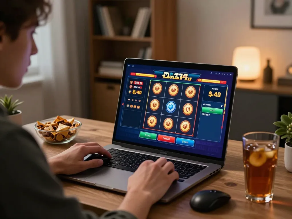 Bermain slot dasi4d di laptop dalam suasana rumah yang nyaman.