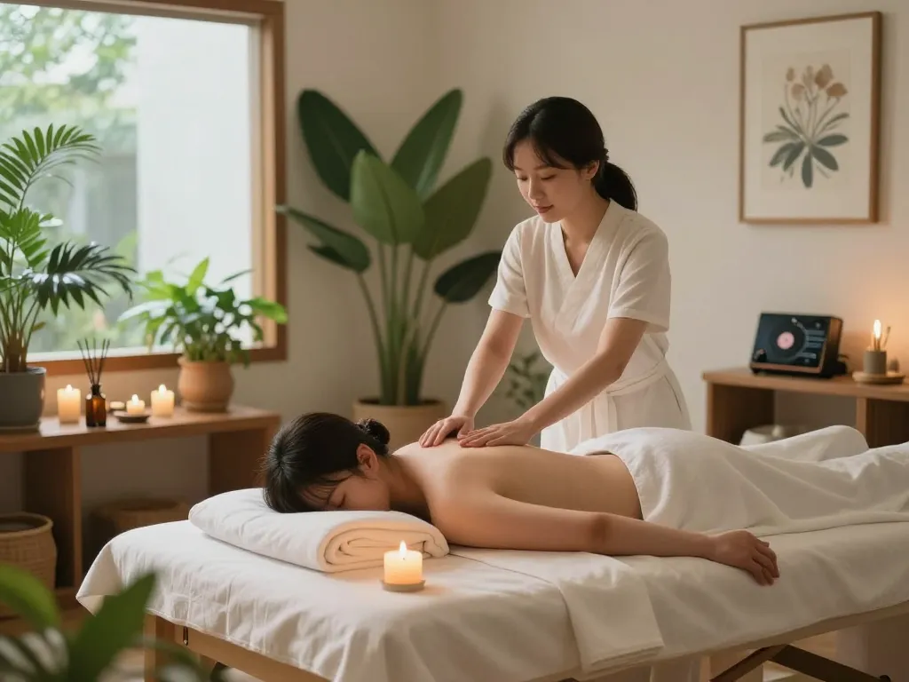차분한 분위기와 평화로운 마사지 설정이 있는 고요한 역삼동마사지 스파 장면.
