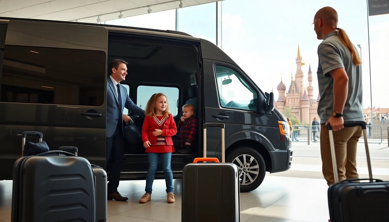 Families enjoying their Beauvais Airport to Disney Transfer with a friendly driver and scenic Disneyland Paris backdrop.