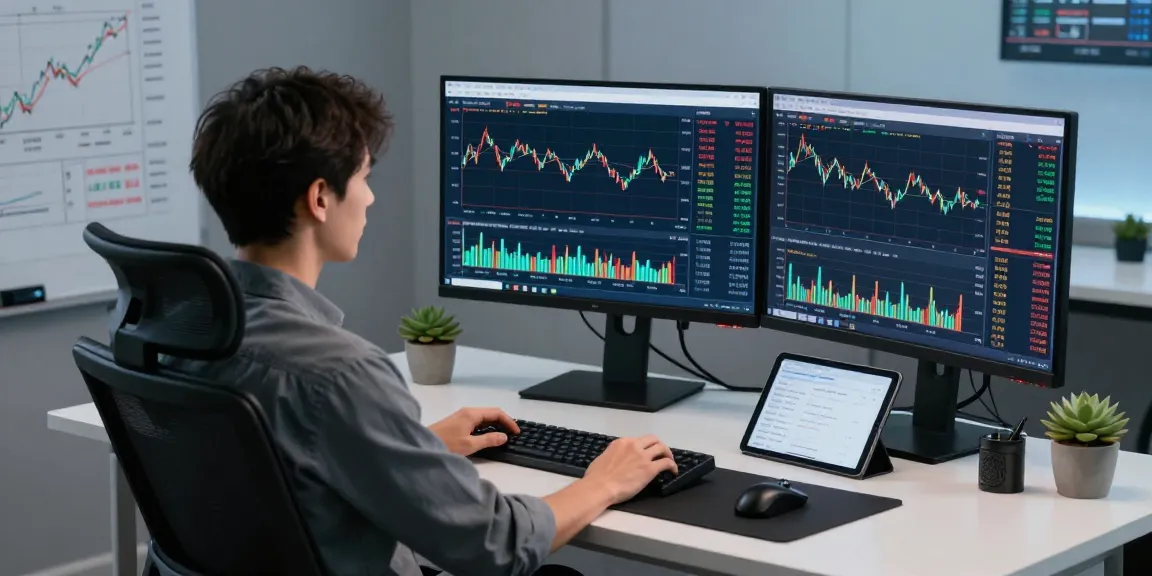 Trader utilizing mt5 software in a modern trading room with multiple monitors, focusing on market analysis and trade execution.