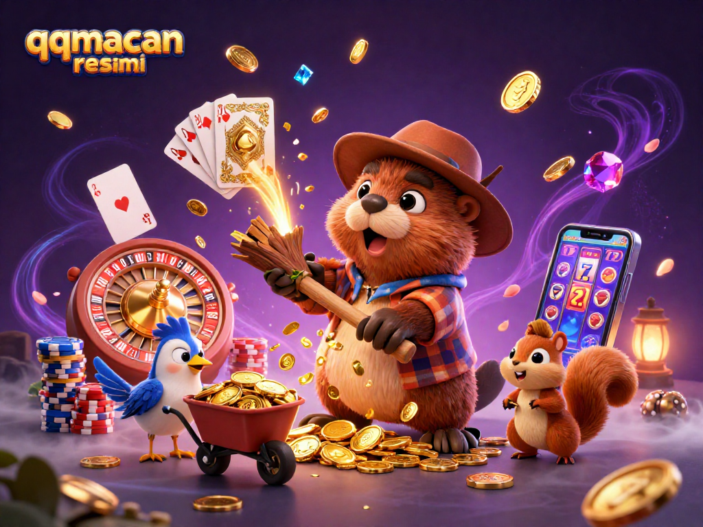 Experience excitement with qqmacan resmi as a beaver brings golden coins to life in a vibrant casino scene.