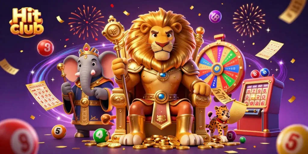 Hit club vibrant casino scene with a majestic lion king, wise elephant, and cheetah amid colorful gaming elements.