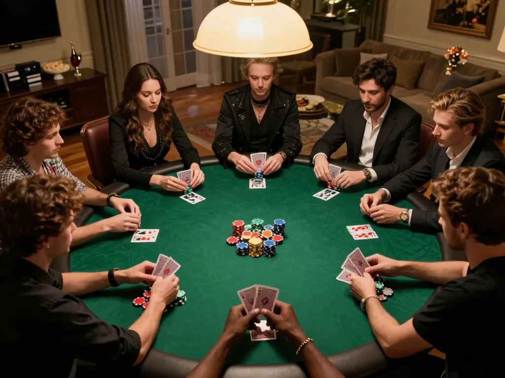 Players engaged in a thrilling poker game at home, showcasing max 79 strategy and excitement.