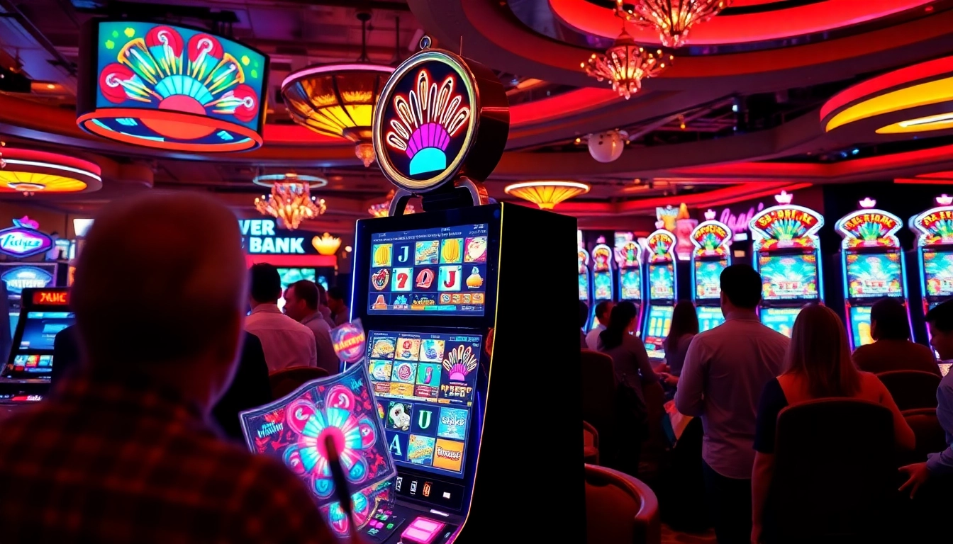 Slot interwin di mesin slot berwarna-warni dengan pemain yang antusias di kasino.