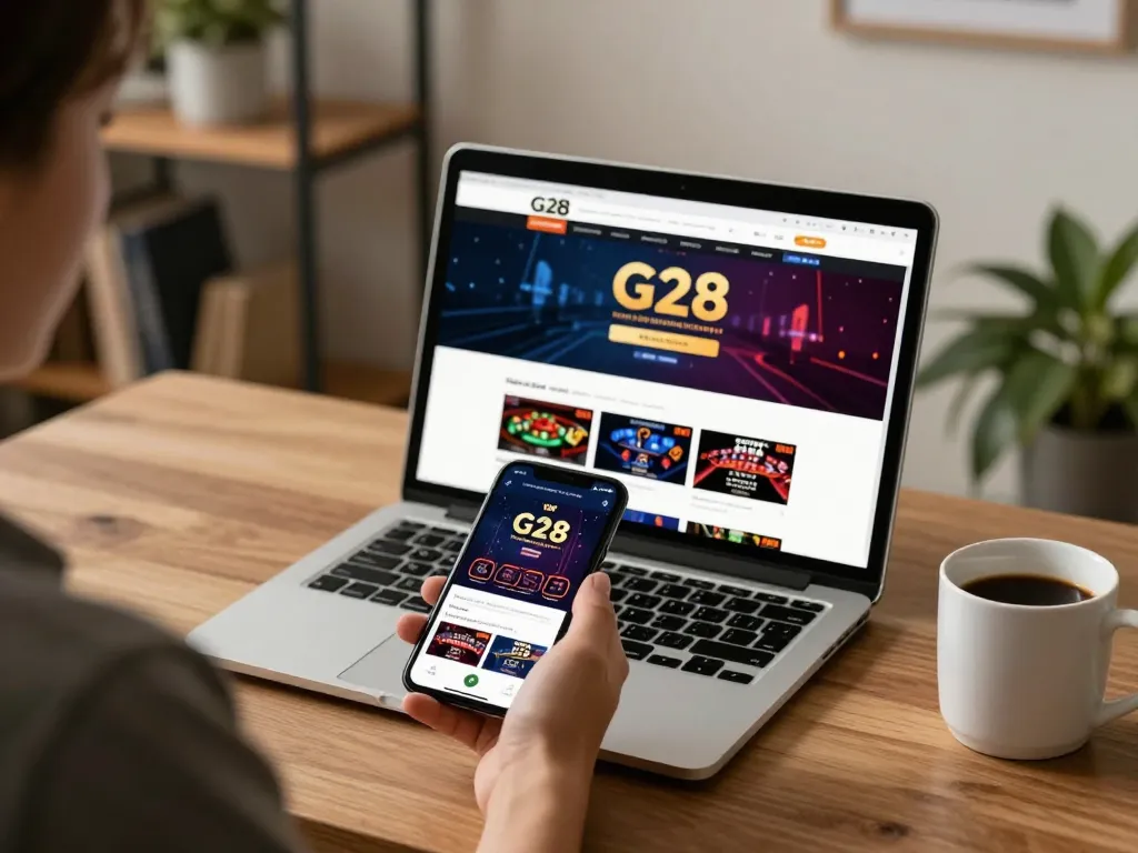 Engaging with the G28 homepage on a laptop in a sophisticated home gaming environment.