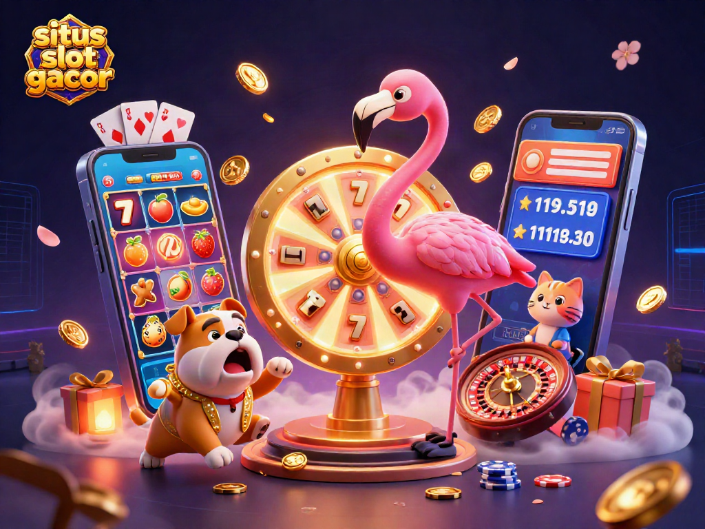Experience the thrill of situs slot gacor with cartoon characters celebrating big wins in a vibrant casino scene.