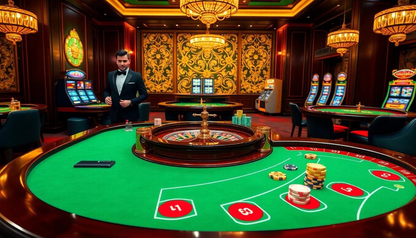 Excitation du Casino en Ligne Français à une table de jeu luxueuse, mettant en avant des jetons de poker et une roulette.