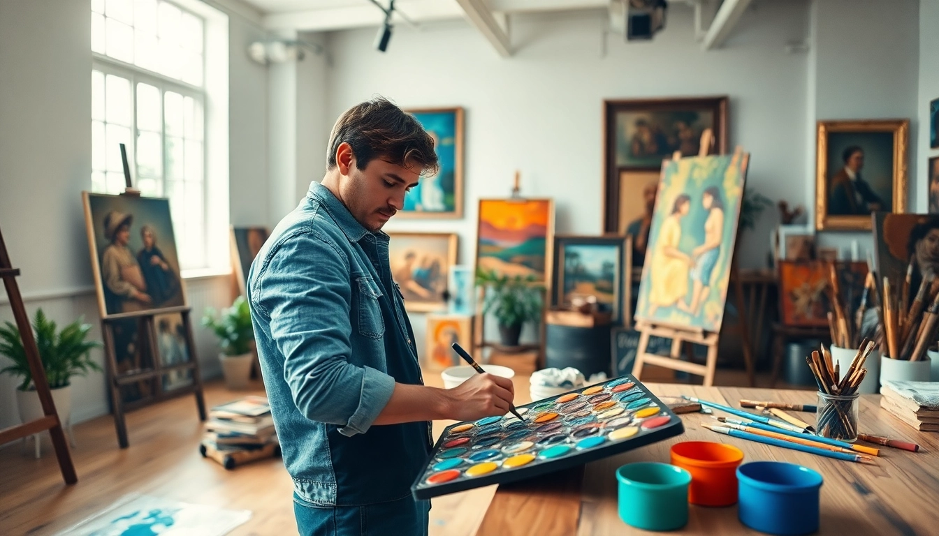 Emphasizing art in a painting apprenticeship, a dedicated artist creates in a vivid studio.