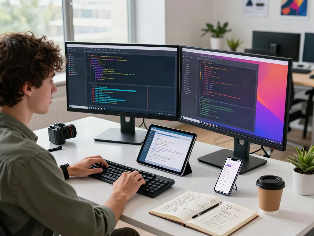 Developer coding with pikashow features in modern office workspace filled with gadgets and creative decor
