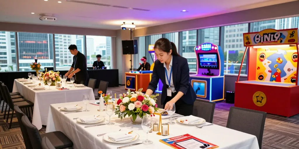 Event rentals setup featuring elegant tables, AV technology, and fun attractions in a vibrant venue.
