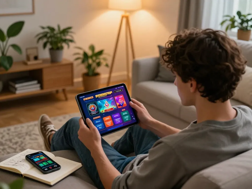 Engaging moment at non gamstop casinos with a player using a tablet for online betting, surrounded by strategy notes.