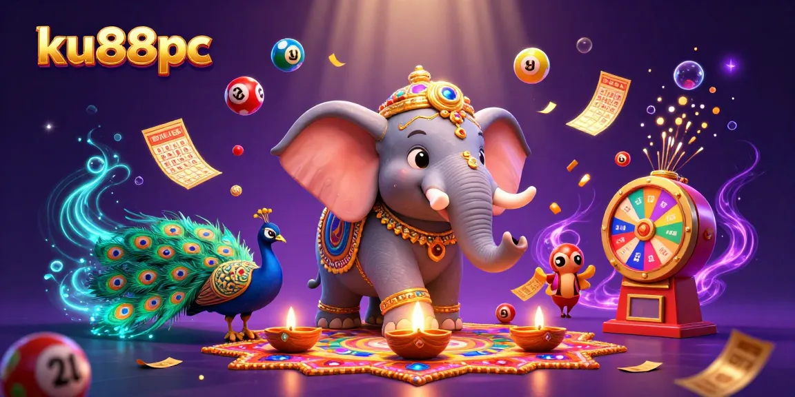 Engage with ku88pc's vibrant gambling scene featuring lottery balls and festive characters.
