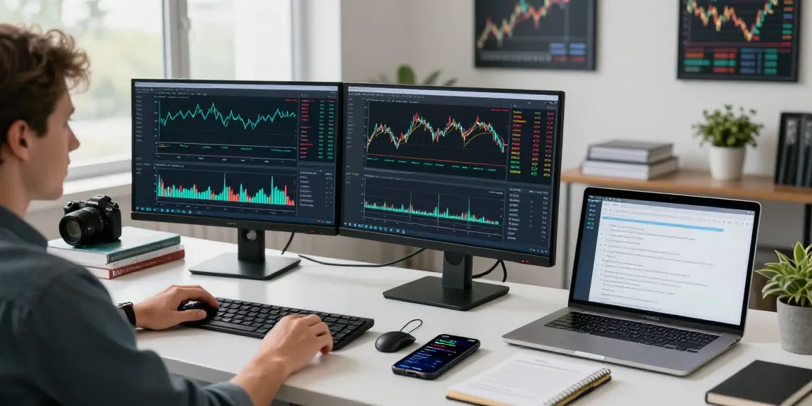 Trader using MetaTrader 5 in a modern office, analyzing market charts and executing trades.