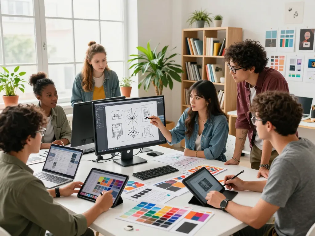 Team of graphic designers collaborating on an image to prompt project in a bright studio.