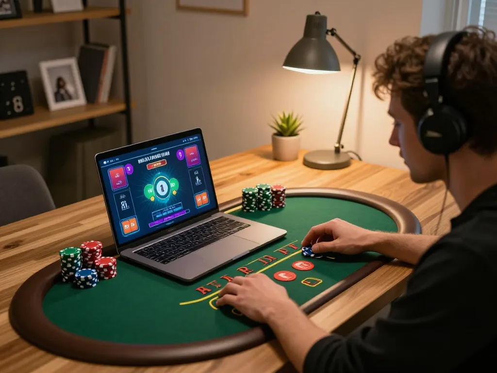 Kubet player engaged in live blackjack game on laptop, showcasing strategic gameplay in a cozy home office.