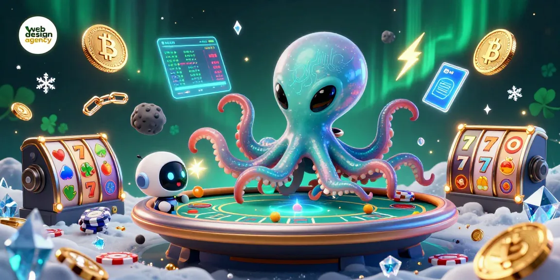 Engaging illustration showcasing a web design agency-themed scene with a playful alien octopus at a poker table