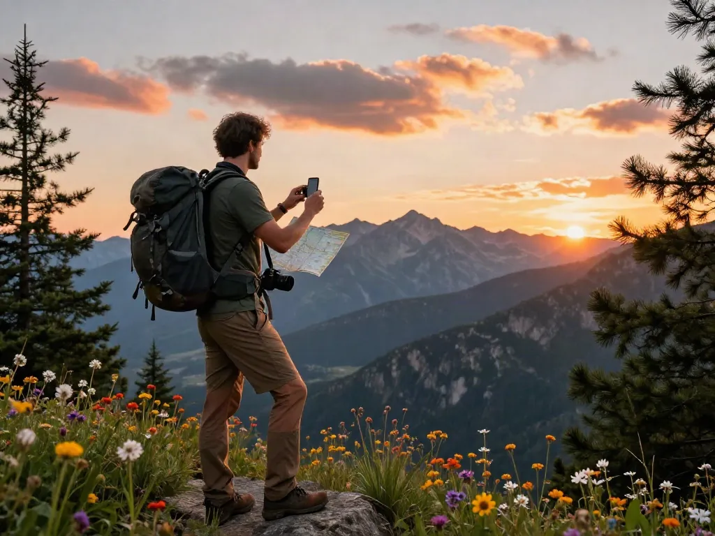 Traveler enjoying scenic view at Poshuk.info mountain viewpoint during sunset.