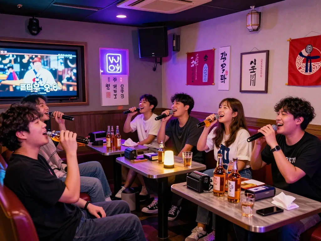 Exciting 제주유흥 karaoke experience with friends enjoying drinks and singing in neon-lit room.