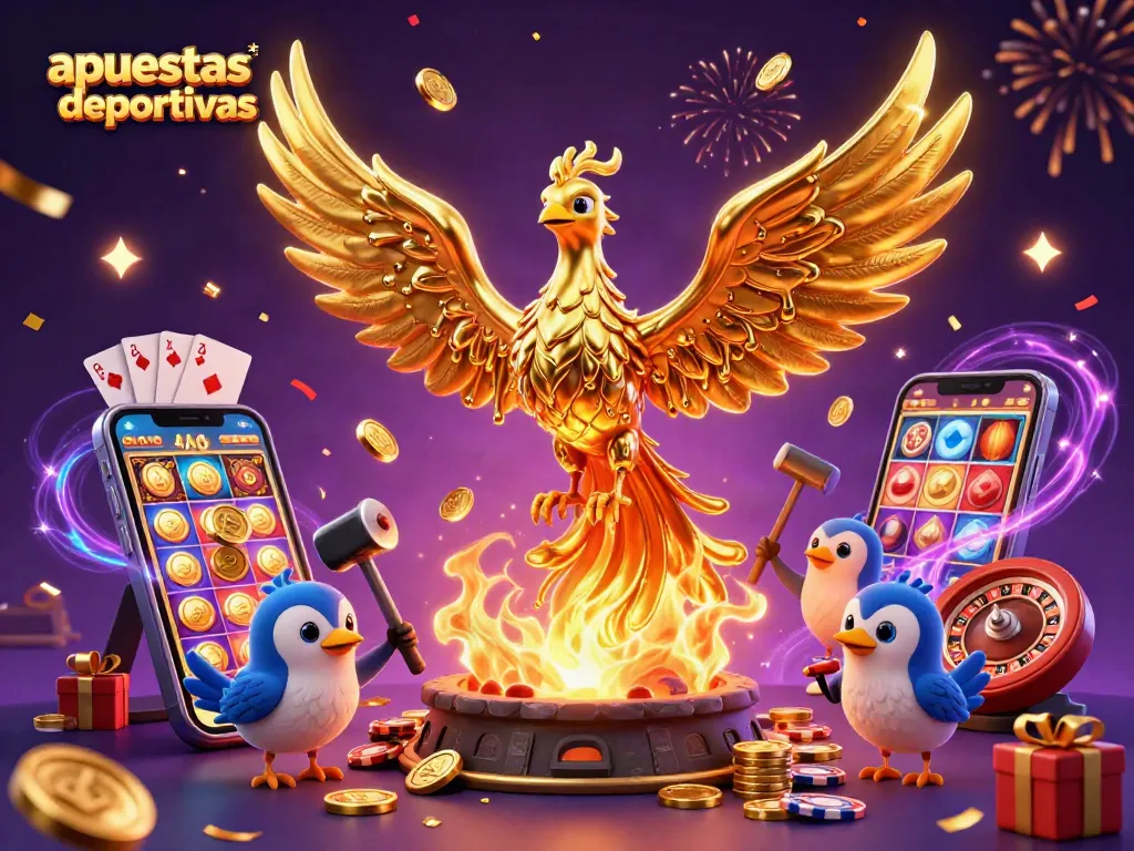 Apuestas deportivas con un fénix dorado y elementos de casino, como monedas y cartas.
