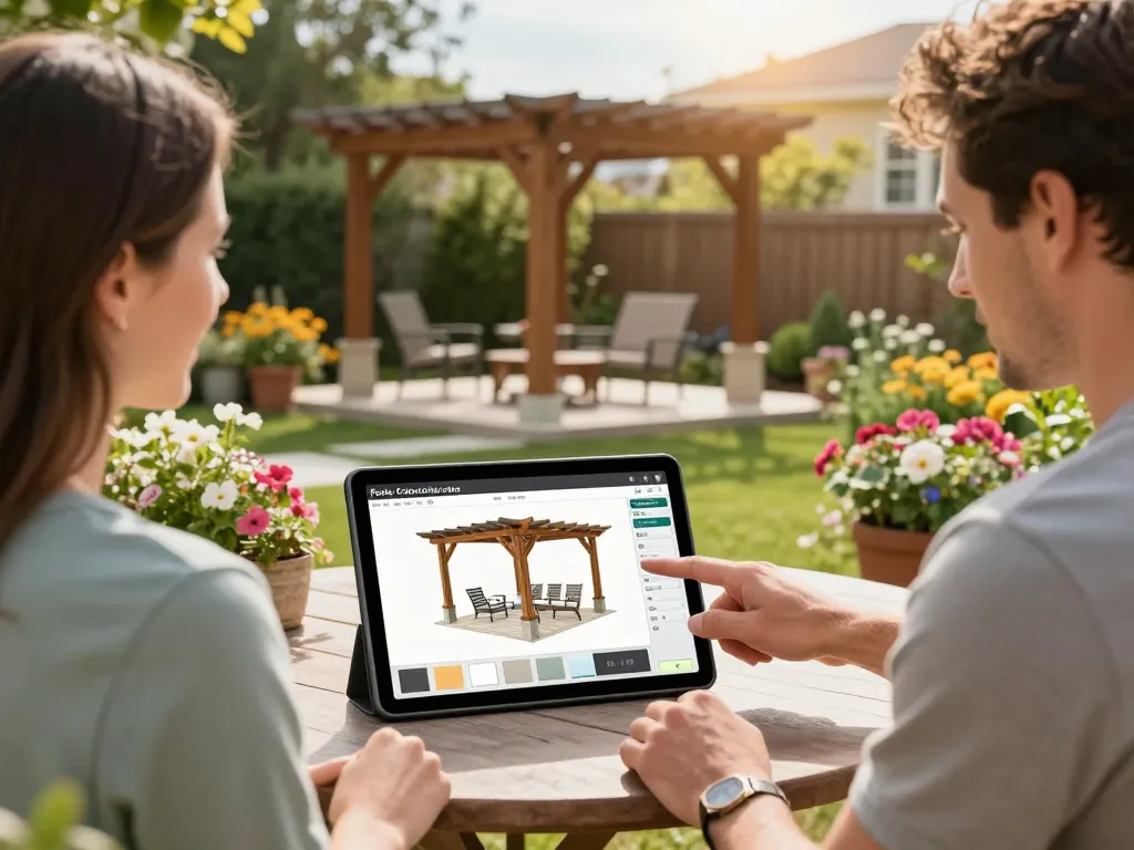 Contractor demonstrating Pergola Configurator Software on a tablet, showcasing 3D pergola design in a vibrant garden.