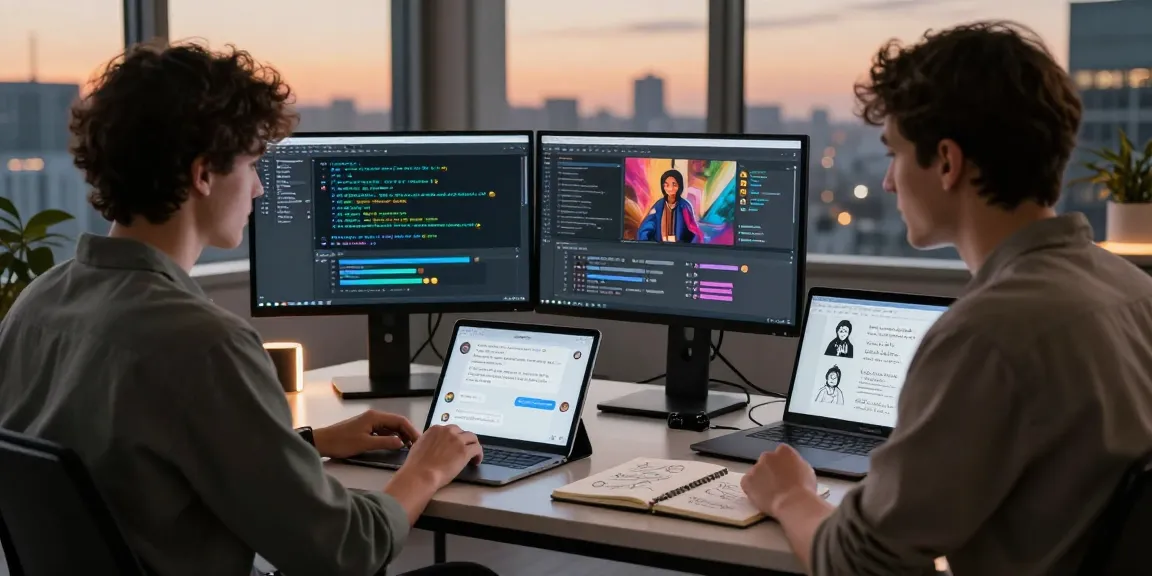 Professional engaged in AI NSFW content creation with dual monitors and creative tools.