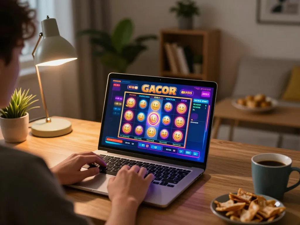 Playing slot gacor online at home, focused on winning strategies and vibrant gaming interface.