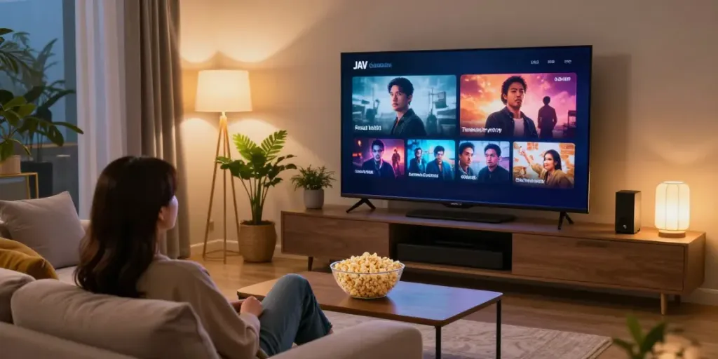 Person enjoying a movie with jav subtitle Indonesia in a cozy living room.