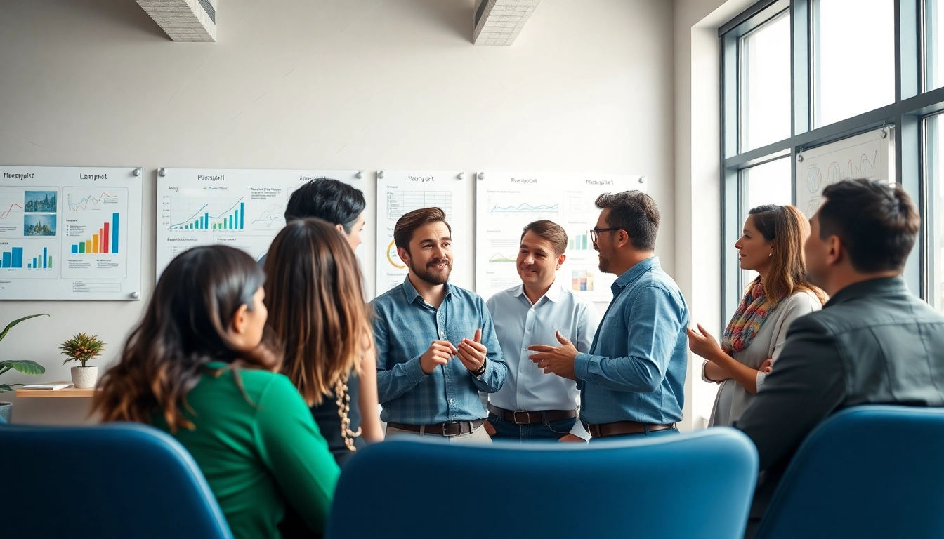 Engaging business coaching service session with diverse entrepreneurs in a modern office.