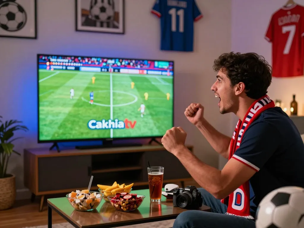 Engaged fan watching soccer live on Cakhiatv, vibrant room with memorabilia and snacks.