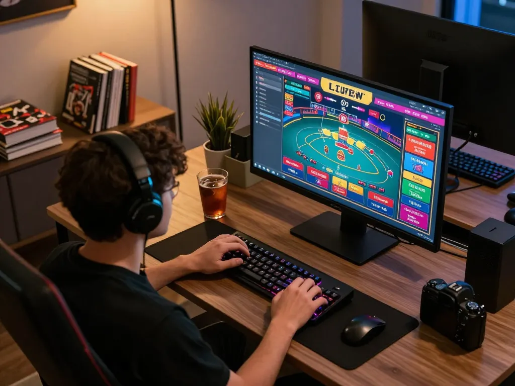 HO88 online gaming scene with a player analyzing strategies on a computer monitor